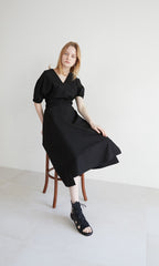 Linen Midi Dress with Puff Sleeves, V-Neckline, Flared Skirt, and Adjustable Waist Belt