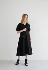 Linen Midi Dress with Puff Sleeves, V-Neckline, Flared Skirt, and Adjustable Waist Belt