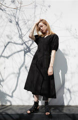 Linen Midi Dress with Puff Sleeves, V-Neckline, Flared Skirt, and Adjustable Waist Belt