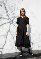 Linen Midi Dress with Puff Sleeves, V-Neckline, Flared Skirt, and Adjustable Waist Belt