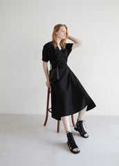 Linen Midi Dress with Puff Sleeves, V-Neckline, Flared Skirt, and Adjustable Waist Belt