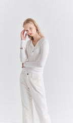 Slim Fit Long Sleeve Cotton Top with Buttoned Henley Neckline for Everyday Layering