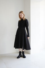 Linen Midi Dress with Puff Sleeves, V-Neckline, Flared Skirt, and Adjustable Waist Belt