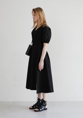 Linen Midi Dress with Puff Sleeves, V-Neckline, Flared Skirt, and Adjustable Waist Belt