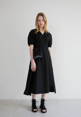 Linen Midi Dress with Puff Sleeves, V-Neckline, Flared Skirt, and Adjustable Waist Belt