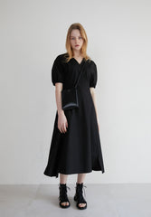 Linen Midi Dress with Puff Sleeves, V-Neckline, Flared Skirt, and Adjustable Waist Belt