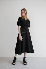 Linen Midi Dress with Puff Sleeves, V-Neckline, Flared Skirt, and Adjustable Waist Belt