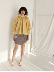 Gathered Sleeve Linen Blouse With Ruffle Neckline And Back Bow Tie Detail