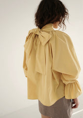 Gathered Sleeve Linen Blouse With Ruffle Neckline And Back Bow Tie Detail
