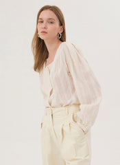 Classic Linen Blouse with Square Neckline and Gathered Sleeves for a Timeless Feminine Look