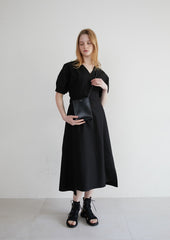 Linen Midi Dress with Puff Sleeves, V-Neckline, Flared Skirt, and Adjustable Waist Belt