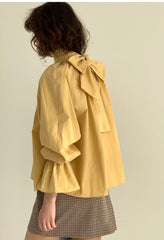 Gathered Sleeve Linen Blouse With Ruffle Neckline And Back Bow Tie Detail