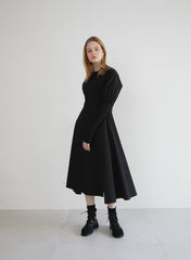 Linen Midi Dress with Puff Sleeves, V-Neckline, Flared Skirt, and Adjustable Waist Belt