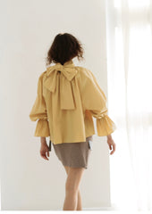 Gathered Sleeve Linen Blouse With Ruffle Neckline And Back Bow Tie Detail
