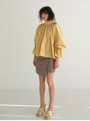 Gathered Sleeve Linen Blouse With Ruffle Neckline And Back Bow Tie Detail