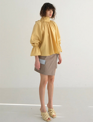 Gathered Sleeve Linen Blouse With Ruffle Neckline And Back Bow Tie Detail