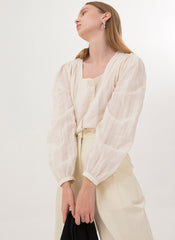 Classic Linen Blouse with Square Neckline and Gathered Sleeves for a Timeless Feminine Look