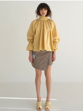 Gathered Sleeve Linen Blouse With Ruffle Neckline And Back Bow Tie Detail