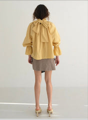 Gathered Sleeve Linen Blouse With Ruffle Neckline And Back Bow Tie Detail