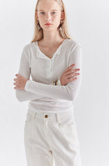 Slim Fit Long Sleeve Cotton Top with Buttoned Henley Neckline for Everyday Layering