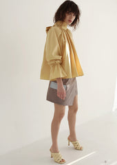 Gathered Sleeve Linen Blouse With Ruffle Neckline And Back Bow Tie Detail