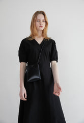 Linen Midi Dress with Puff Sleeves, V-Neckline, Flared Skirt, and Adjustable Waist Belt