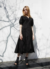 Linen Midi Dress with Puff Sleeves, V-Neckline, Flared Skirt, and Adjustable Waist Belt