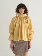 Gathered Sleeve Linen Blouse With Ruffle Neckline And Back Bow Tie Detail