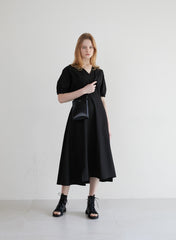 Linen Midi Dress with Puff Sleeves, V-Neckline, Flared Skirt, and Adjustable Waist Belt