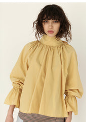 Gathered Sleeve Linen Blouse With Ruffle Neckline And Back Bow Tie Detail