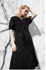 Linen Midi Dress with Puff Sleeves, V-Neckline, Flared Skirt, and Adjustable Waist Belt