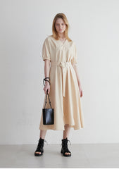Linen Midi Dress with Puff Sleeves, V-Neckline, Flared Skirt, and Wide Buckle Waist Belt
