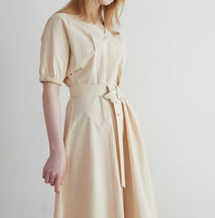 Linen Midi Dress with Puff Sleeves, V-Neckline, Flared Skirt, and Wide Buckle Waist Belt