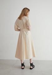 Linen Midi Dress with Puff Sleeves, V-Neckline, Flared Skirt, and Wide Buckle Waist Belt