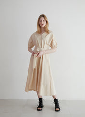 Linen Midi Dress with Puff Sleeves, V-Neckline, Flared Skirt, and Wide Buckle Waist Belt