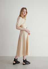 Linen Midi Dress with Puff Sleeves, V-Neckline, Flared Skirt, and Wide Buckle Waist Belt