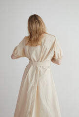 Linen Midi Dress with Puff Sleeves, V-Neckline, Flared Skirt, and Wide Buckle Waist Belt