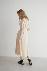 Linen Midi Dress with Puff Sleeves, V-Neckline, Flared Skirt, and Wide Buckle Waist Belt