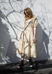 Linen Midi Dress with Puff Sleeves, V-Neckline, Flared Skirt, and Wide Buckle Waist Belt