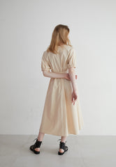 Linen Midi Dress with Puff Sleeves, V-Neckline, Flared Skirt, and Wide Buckle Waist Belt