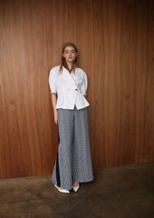 Linen Blouse With Shoulder Bows And Ruched Neckline For Playful, Feminine Summer Style