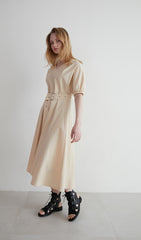 Linen Midi Dress with Puff Sleeves, V-Neckline, Flared Skirt, and Wide Buckle Waist Belt