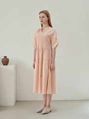 Soft Pleated Linen Midi Dress with Relaxed Sleeves and Flowy Tiered Skirt Design