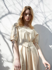 Linen Midi Dress with Puff Sleeves, V-Neckline, Flared Skirt, and Wide Buckle Waist Belt