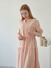Soft Pleated Linen Midi Dress with Relaxed Sleeves and Flowy Tiered Skirt Design