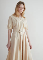 Linen Midi Dress with Puff Sleeves, V-Neckline, Flared Skirt, and Wide Buckle Waist Belt