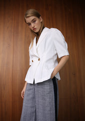 Linen Blouse With Shoulder Bows And Ruched Neckline For Playful, Feminine Summer Style