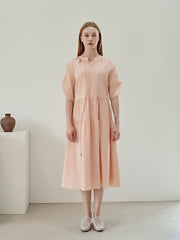 Soft Pleated Linen Midi Dress with Relaxed Sleeves and Flowy Tiered Skirt Design
