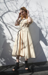 Linen Midi Dress with Puff Sleeves, V-Neckline, Flared Skirt, and Wide Buckle Waist Belt