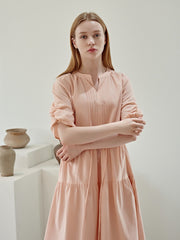 Soft Pleated Linen Midi Dress with Relaxed Sleeves and Flowy Tiered Skirt Design